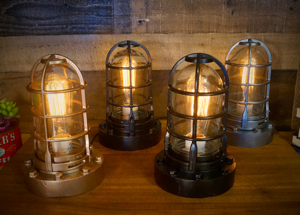 Rustic nautical steampunk deck lamp in various colors.