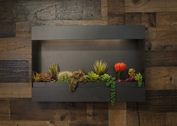 Wall mounted succulent planter. 2 foot oil rubbed bronze steel planter.
